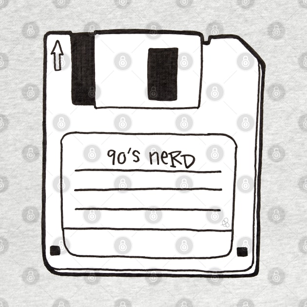 90's Nerd, Black and White - Retro Floppy Disc Outline Drawing by Elinaana